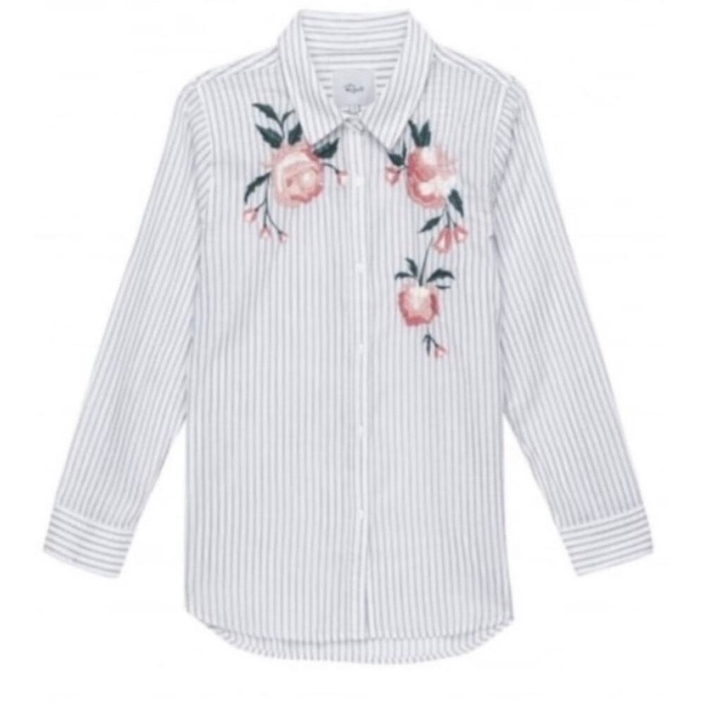 Rails Nevin Long Sleeve Button Down Shirt Pink Floral Embroidered Stripe Medium - Picture 2 of 16